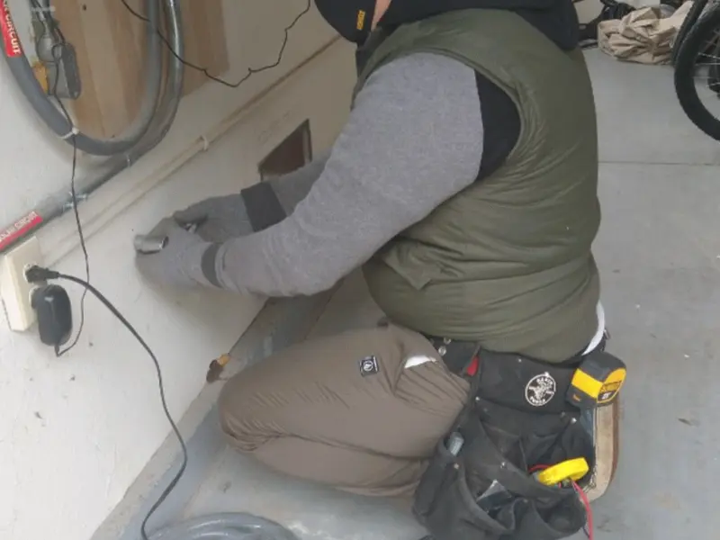 Electrician performing outlet wiring in a Denville garage
